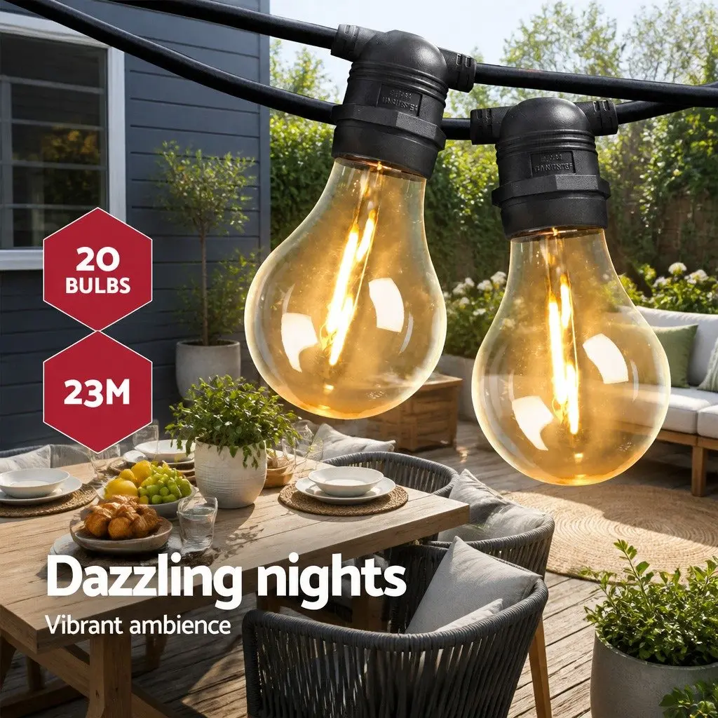 Festoon String Lights 23m Outdoor Wedding Garden Party Warm White LED