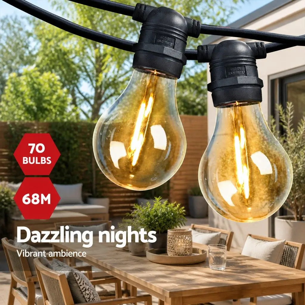 68m Festoon String Lights Outdoor Wedding Garden Party Warm White LED