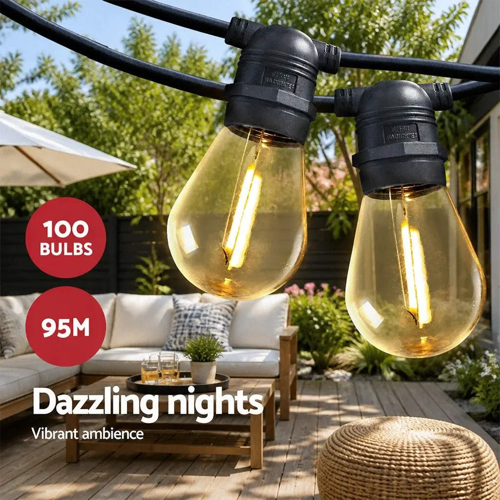 95m LED Festoon String Lights Warm White Outdoor Garden Wedding Party Christmas