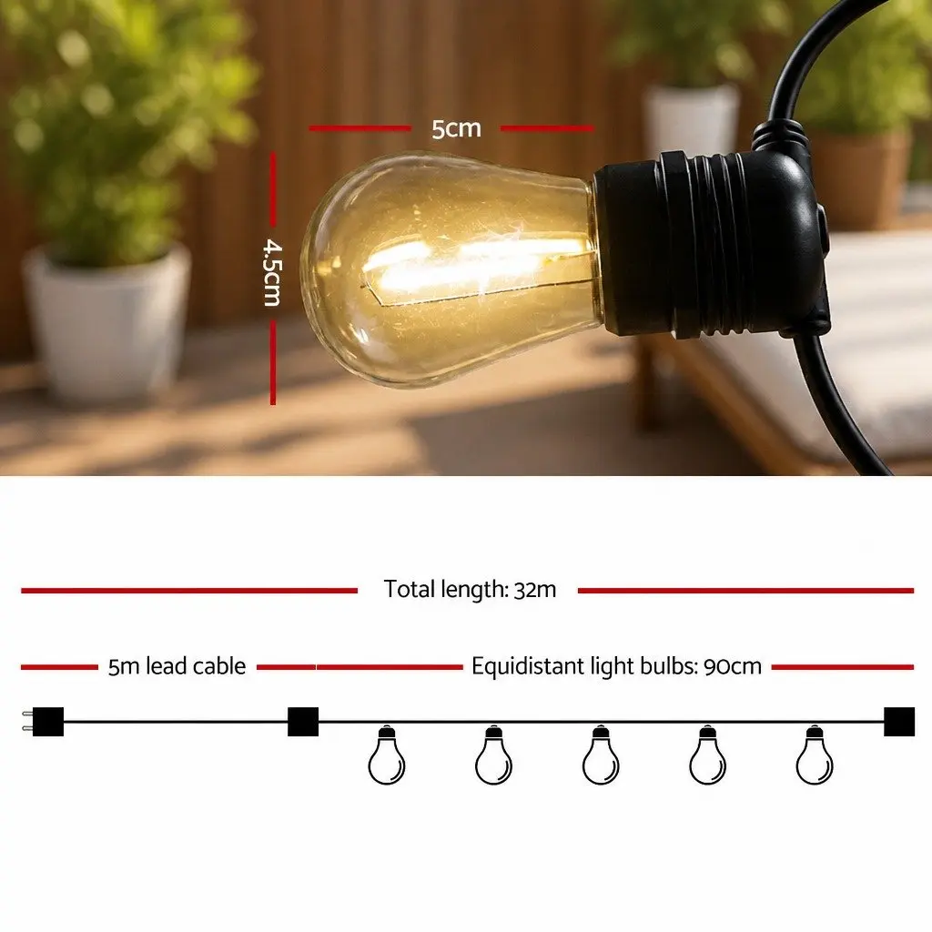 Festoon String Lights Warm White 32m IP44 Waterproof Connectable for Outdoor Wedding Party Garden