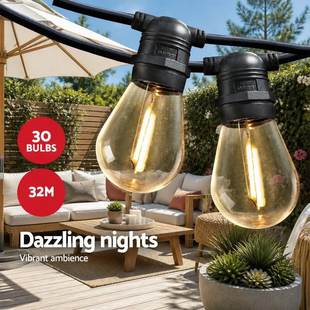 Festoon String Lights Warm White 32m IP44 Waterproof Connectable for Outdoor Wedding Party Garden