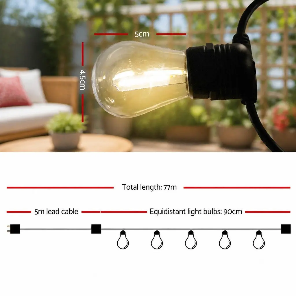 LED Festoon String Lights Warm White 77m Outdoor Garden Party IP44 Waterproof