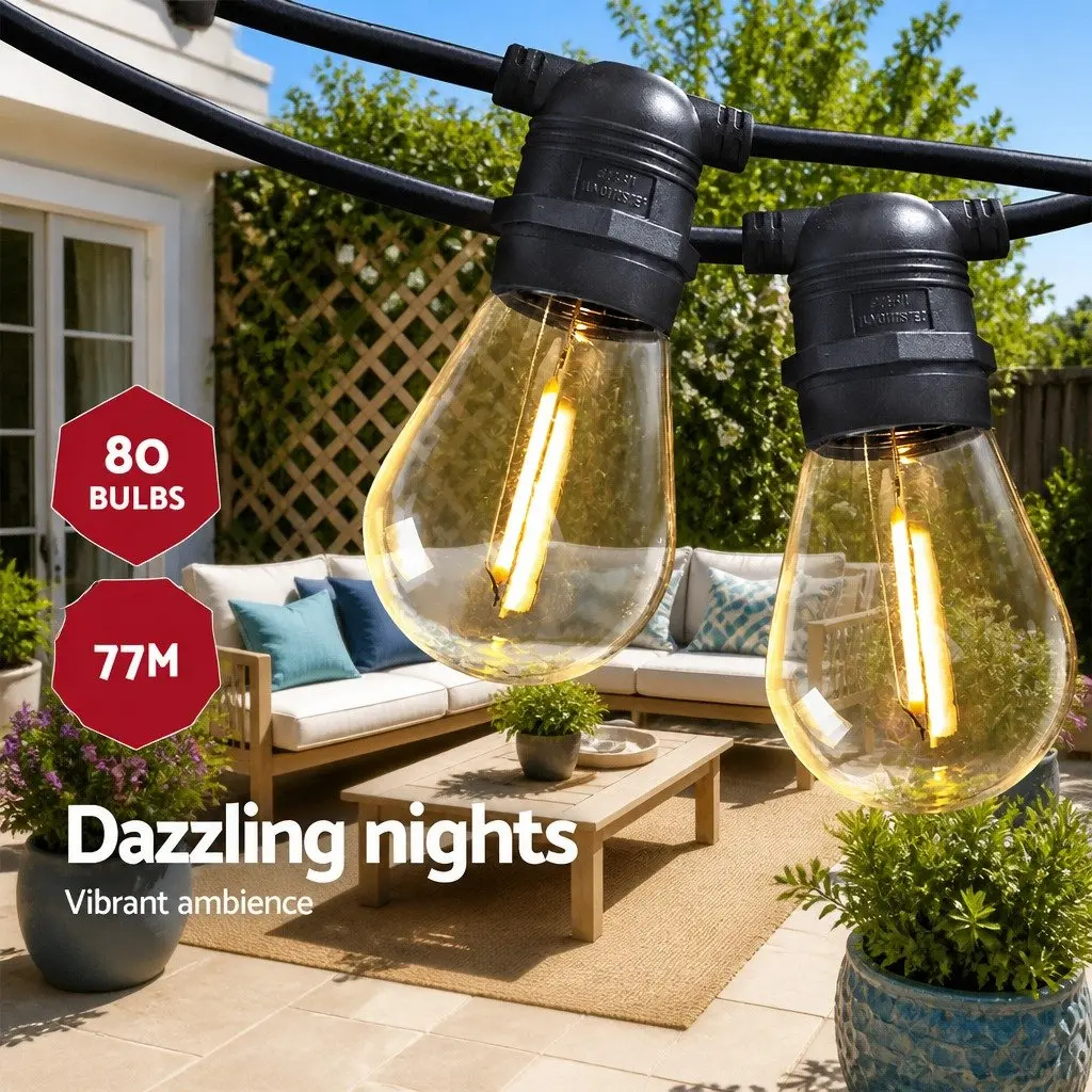 LED Festoon String Lights Warm White 77m Outdoor Garden Party IP44 Waterproof