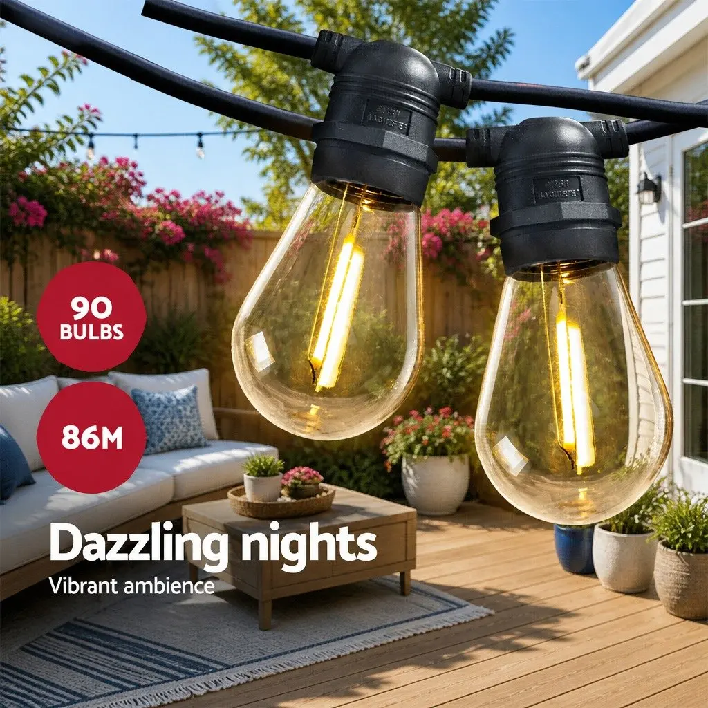 86m LED Festoon String Lights Warm White Outdoor Garden Wedding Party