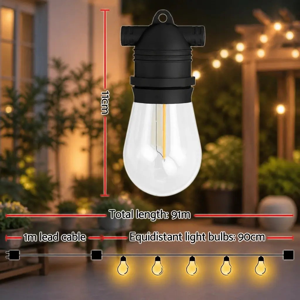 Festoon String Lights Warm White 91m 100 Bulbs Indoor Outdoor Easy Connection