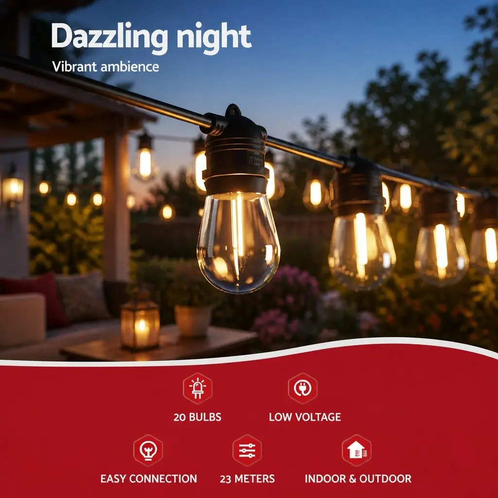 19m Festoon String Lights 20 Bulbs Warm White Outdoor Indoor Christmas Party