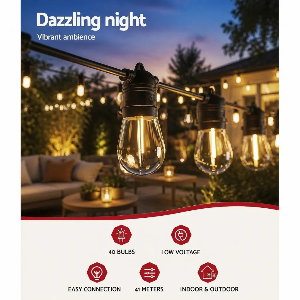 Festoon String Lights Warm White 37m 40 Bulbs Easy Connection Indoor Outdoor