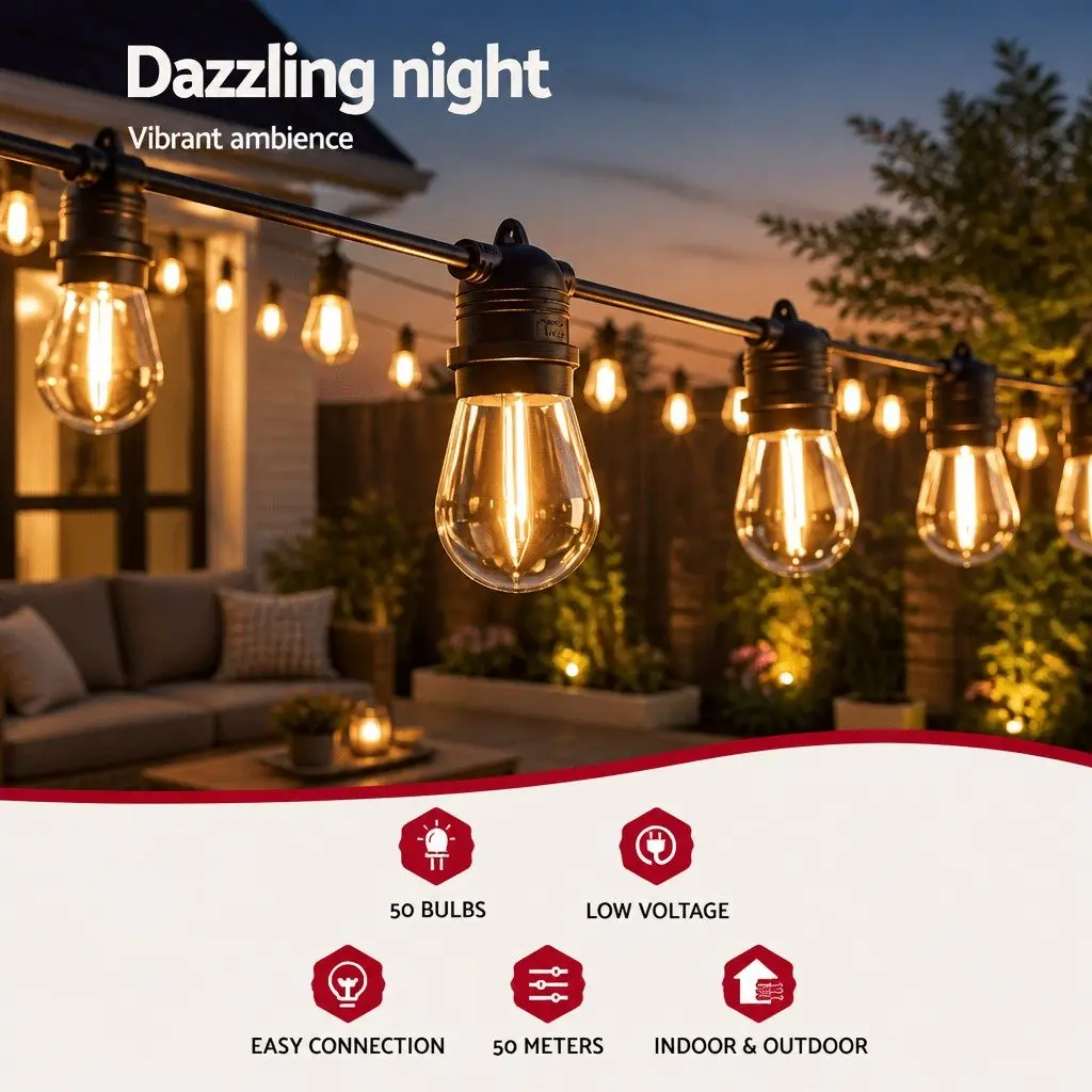 Festoon Lights Warm White 46m 50 Bulbs Indoor Outdoor String Lights