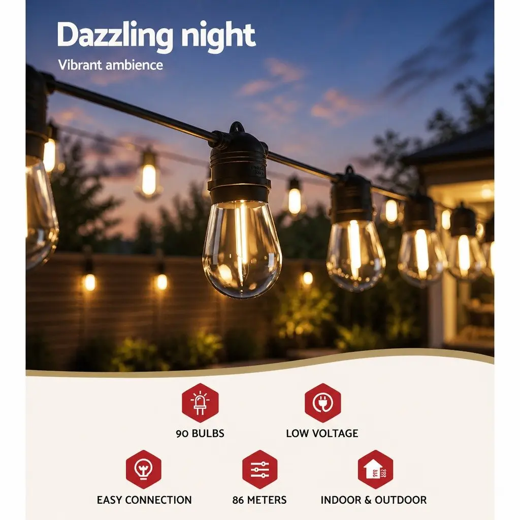 Festoon Lights 82m Warm White 90 Bulbs Outdoor Suitable for Christmas Garden Party Decor