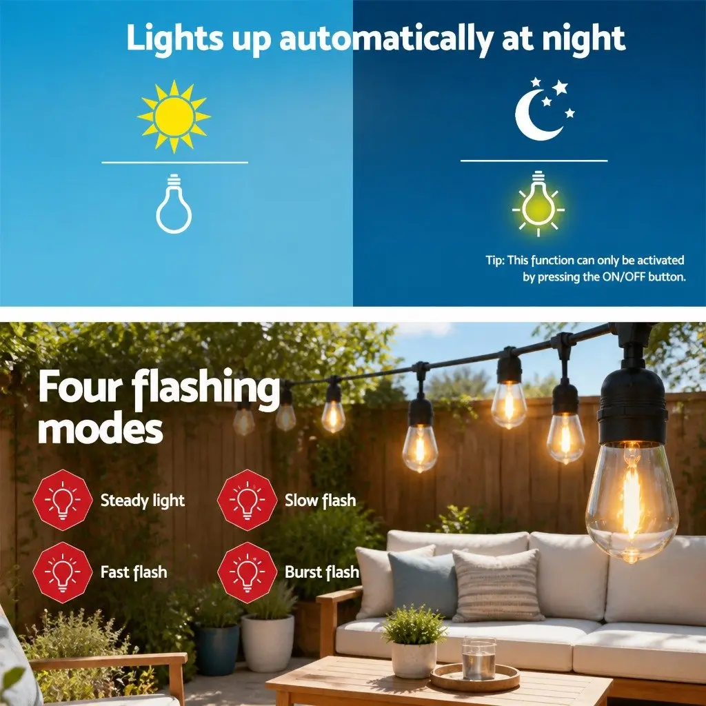 17m Solar Festoon Lights Outdoor LED String Light Warm White Garden Party Decor