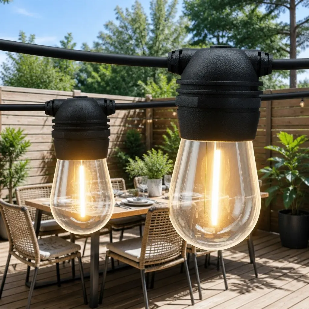 Solar Festoon String Lights Warm White 34m Auto On Off Light Sensor 4 Lighting Modes
