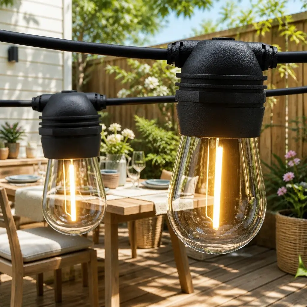 Solar Festoon String Lights Warm White 34m Auto On Off Light Sensor 4 Lighting Modes