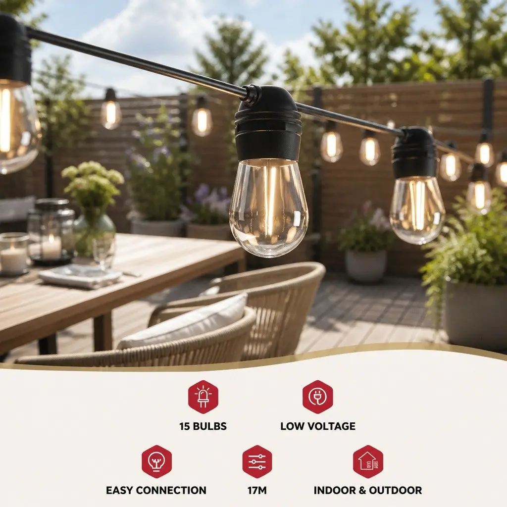 Solar Festoon String Lights Warm White 34m Auto On Off Light Sensor 4 Lighting Modes