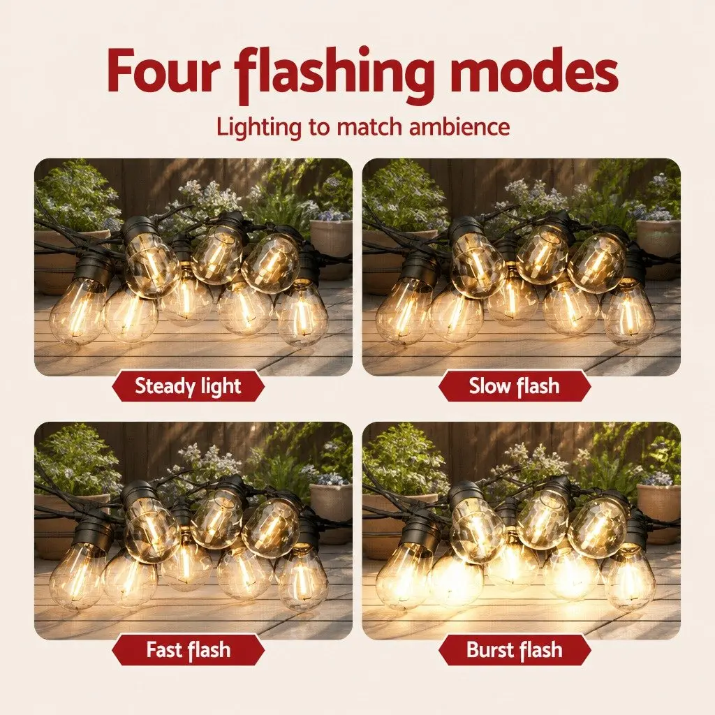Solar Festoon String Lights Warm White 34m Auto On Off Light Sensor 4 Lighting Modes