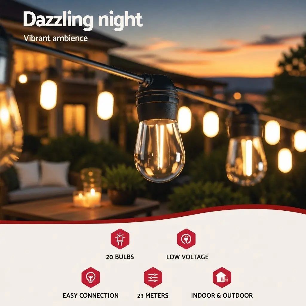 Solar Festoon String Lights 23m Outdoor LED Warm White Christmas Party