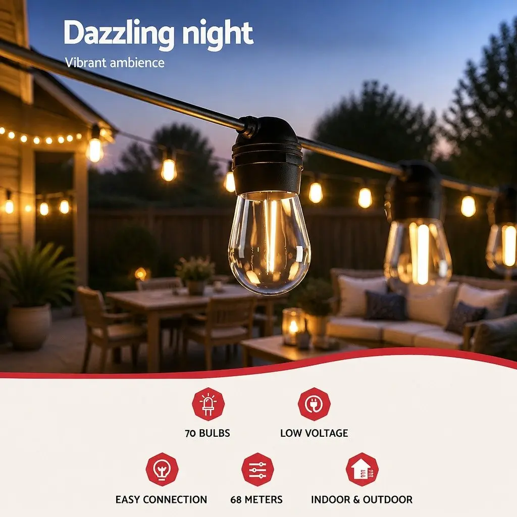 68m Warm White Festoon String Lights