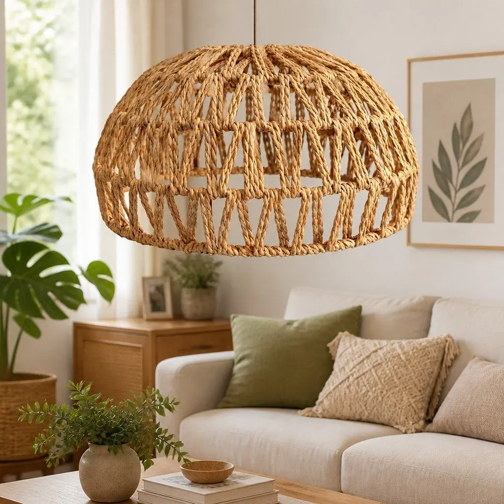 Woven Pendant Light Shade Ceiling Lamp Hemp Rope Iron Frame Home Décor Hanging