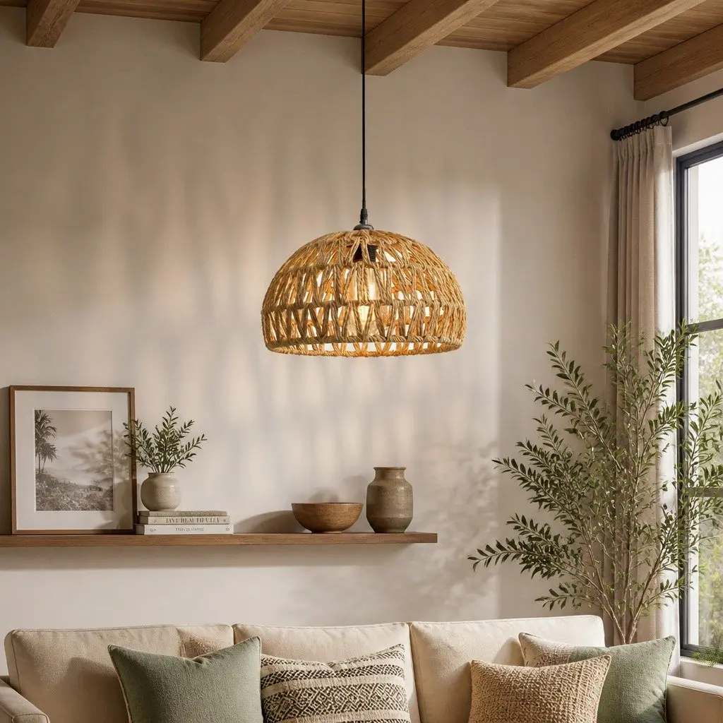 Woven Pendant Light Shade Ceiling Lamp Hemp Rope Iron Frame Home Décor Hanging