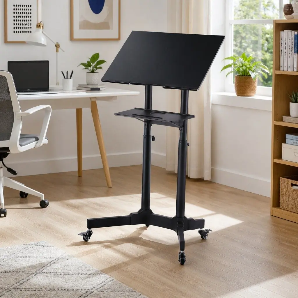 Mobile Lectern Stand Black Height Adjustable Sit-to-Stand with Rolling Wheels