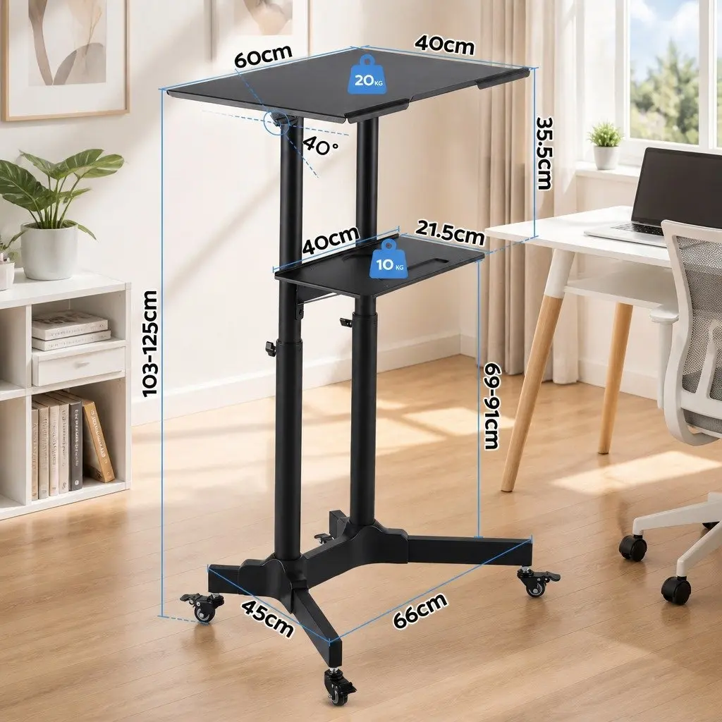 Mobile Lectern Stand Black Height Adjustable Sit-to-Stand with Rolling Wheels