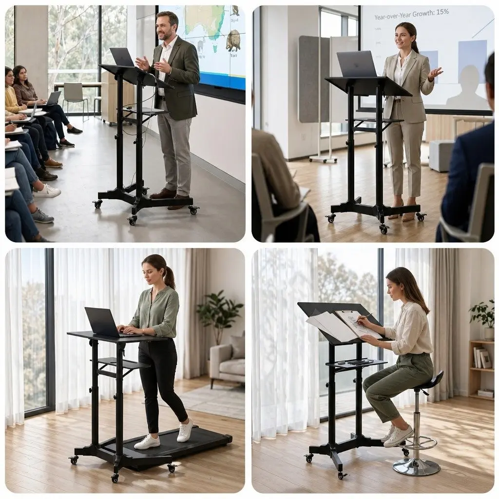Mobile Lectern Stand Black Height Adjustable Sit-to-Stand with Rolling Wheels