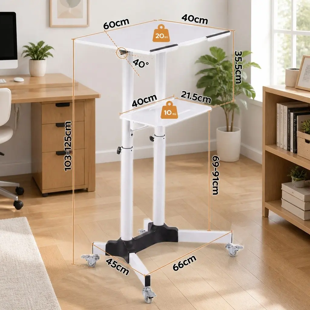 Mobile Lectern Stand White Adjustable Height Sit-to-Stand Presentation Podium with Tilting Tabletop and Locking Wheels