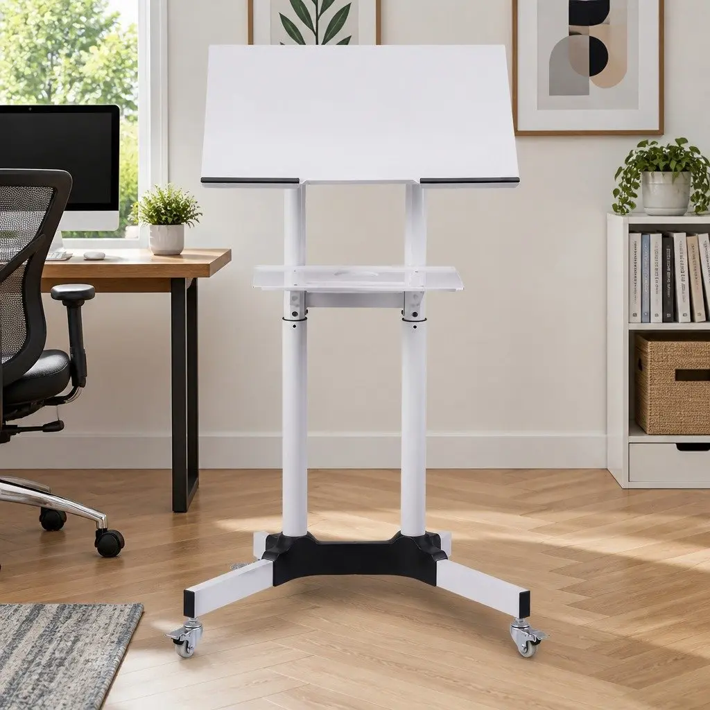 Mobile Lectern Stand White Adjustable Height Sit-to-Stand Presentation Podium with Tilting Tabletop and Locking Wheels