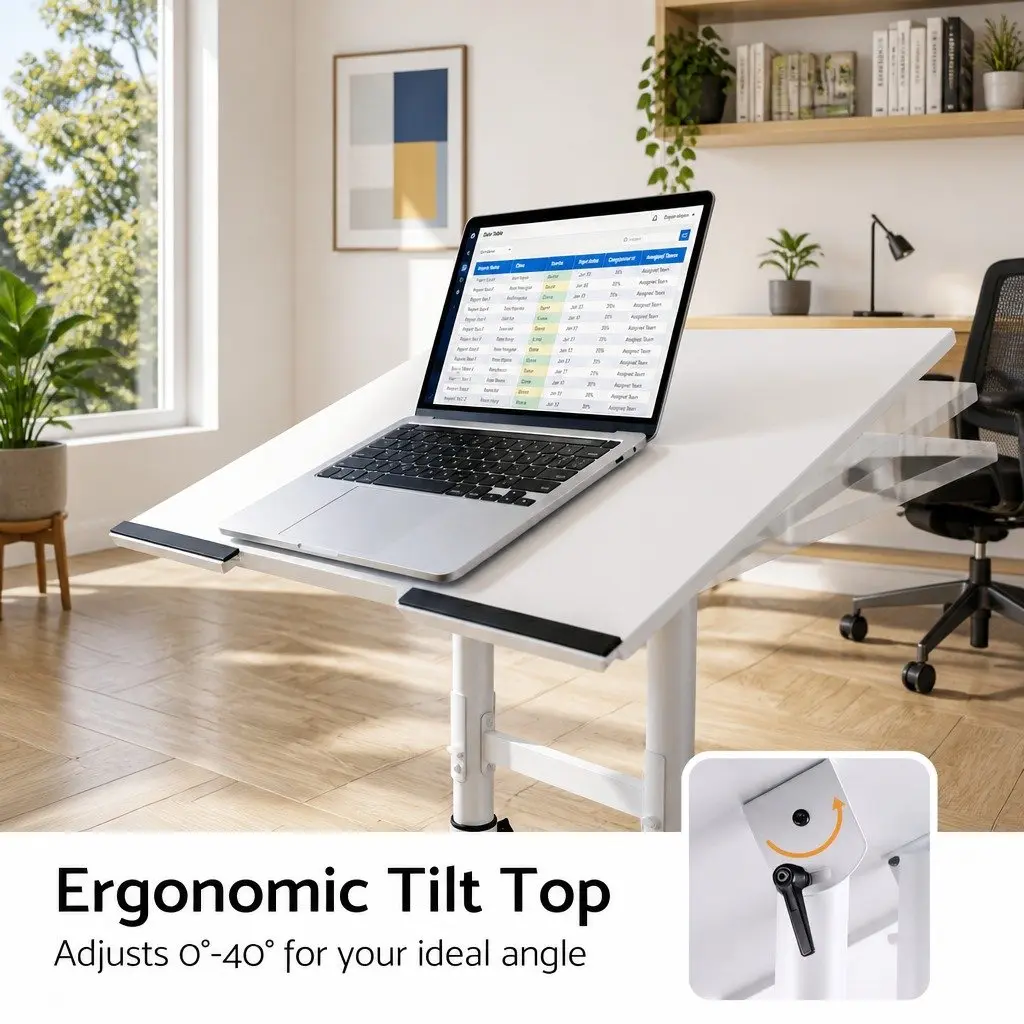 Mobile Lectern Stand White Adjustable Height Sit-to-Stand Presentation Podium with Tilting Tabletop and Locking Wheels
