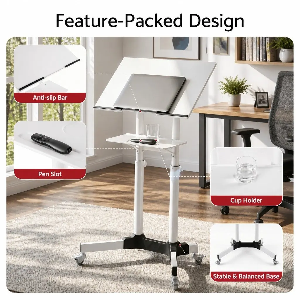 Mobile Lectern Stand White Adjustable Height Sit-to-Stand Presentation Podium with Tilting Tabletop and Locking Wheels