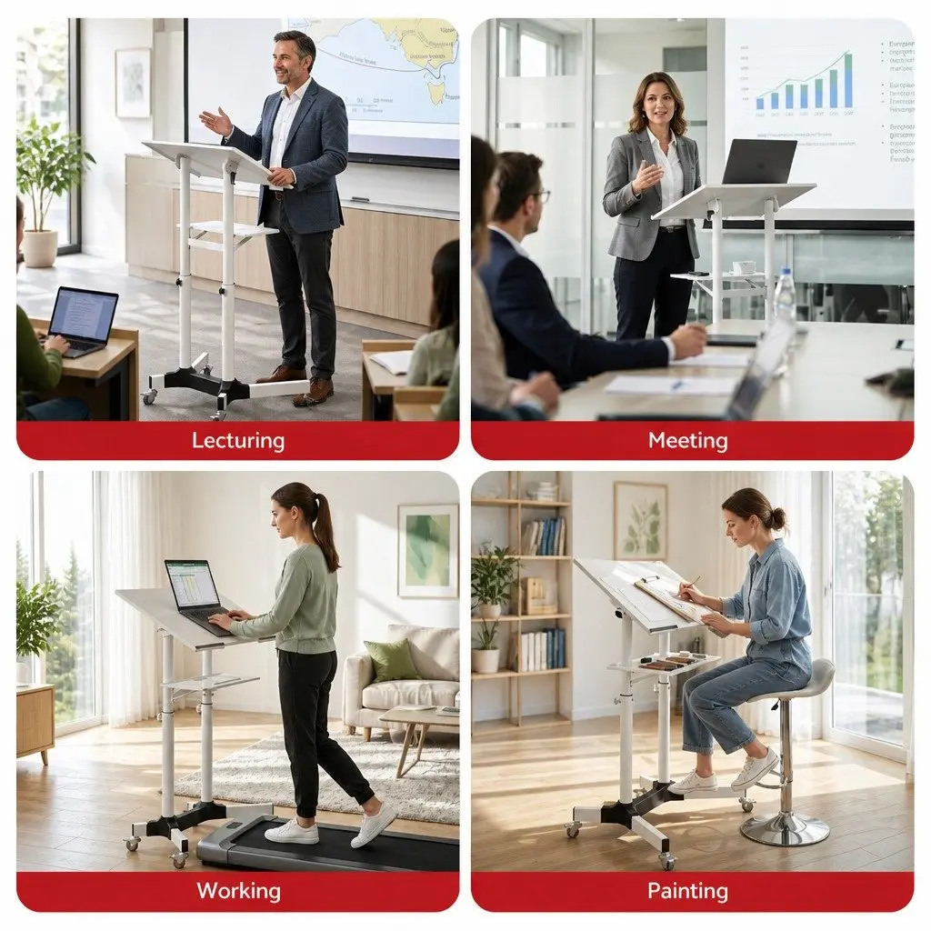 Mobile Lectern Stand White Adjustable Height Sit-to-Stand Presentation Podium with Tilting Tabletop and Locking Wheels