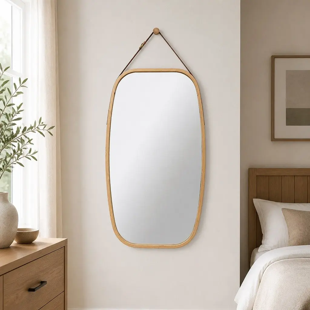 Hanging Wall Mirror with Bamboo Frame, Clear Reflection