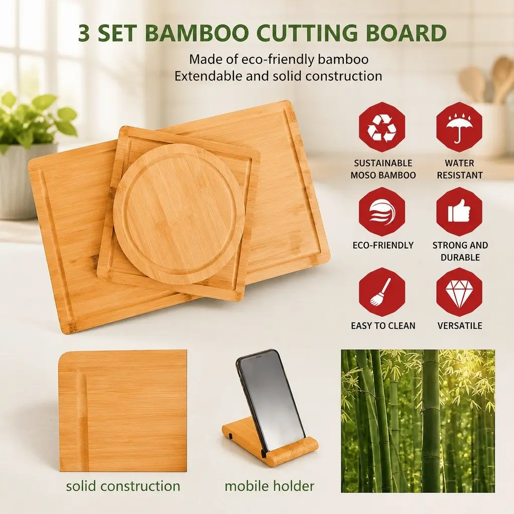 Bamboo Cutting Board Set 3 Pieces with Juice Groove Kitchen Chopping Boards
