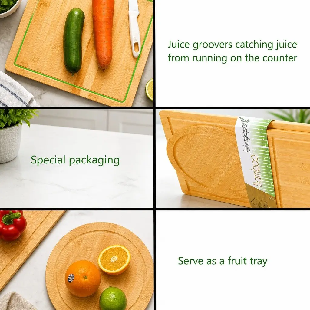 Bamboo Cutting Board Set 3 Pieces with Juice Groove Kitchen Chopping Boards