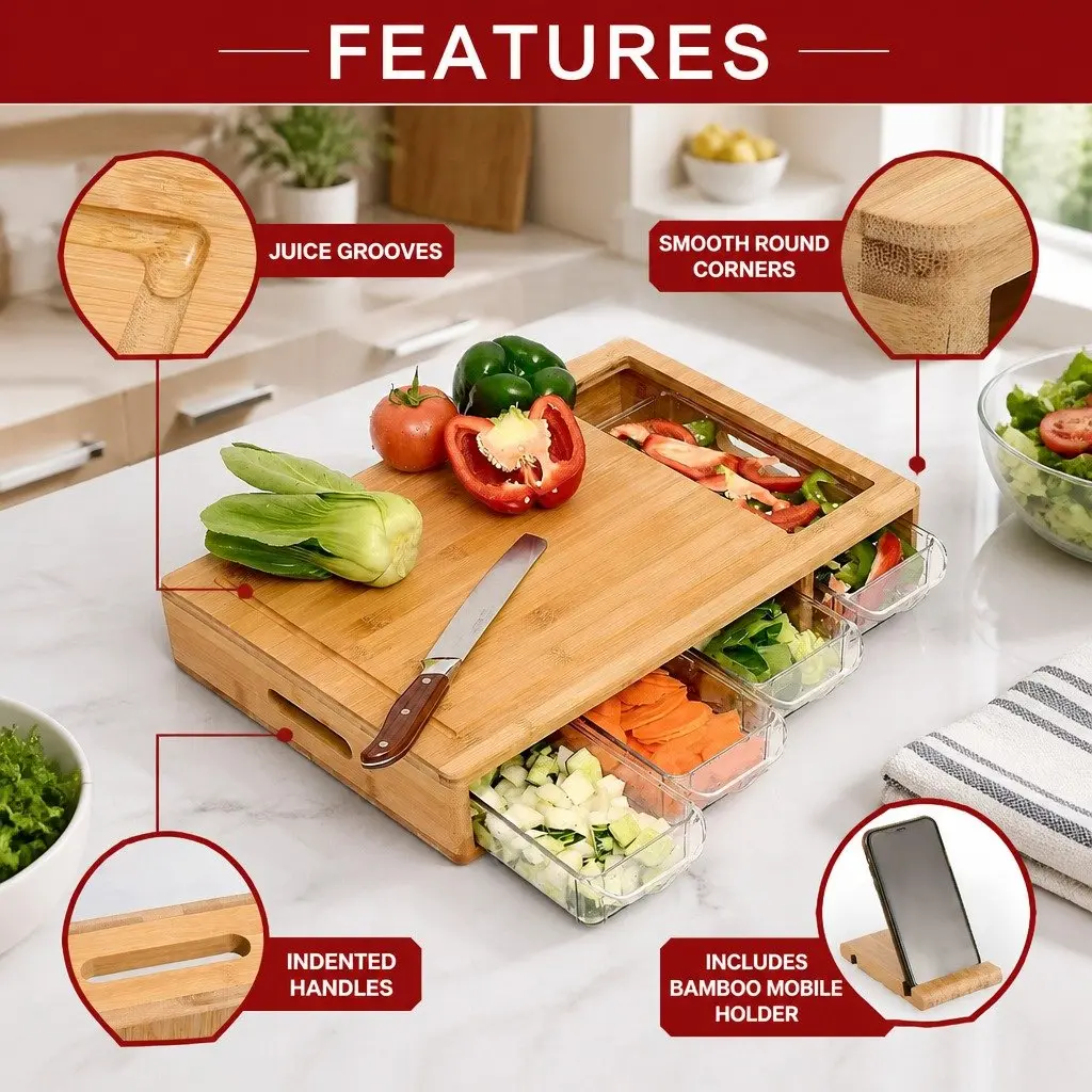 Large Bamboo Cutting Board with 4 Storage Trays and Mobile Holder Kitchen