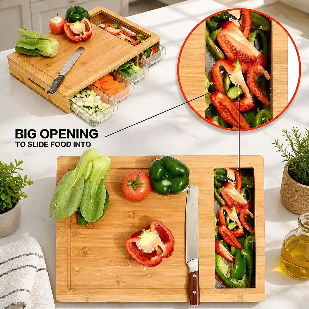 Large Bamboo Cutting Board with 4 Storage Trays and Mobile Holder Kitchen
