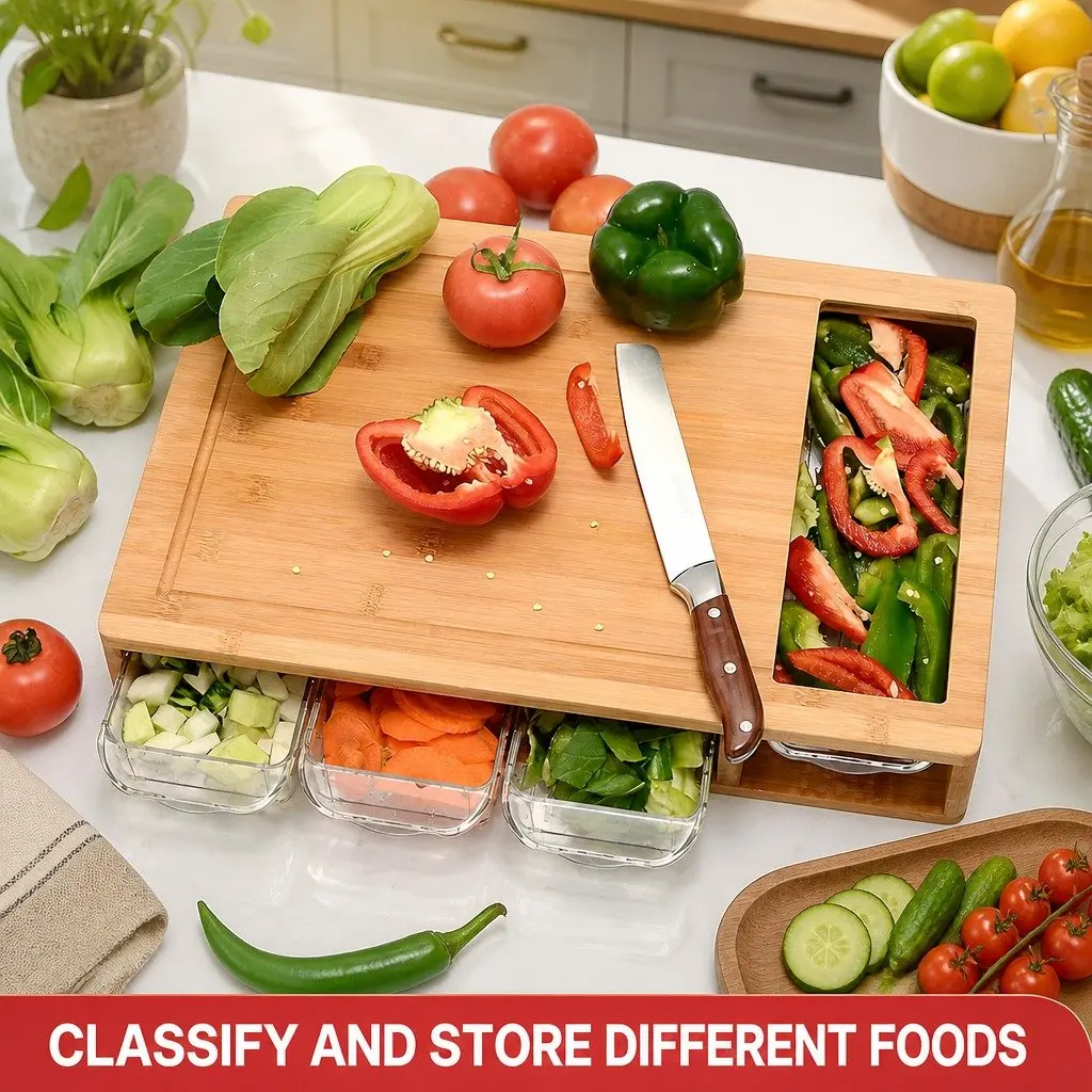 Large Bamboo Cutting Board with 4 Storage Trays and Mobile Holder Kitchen