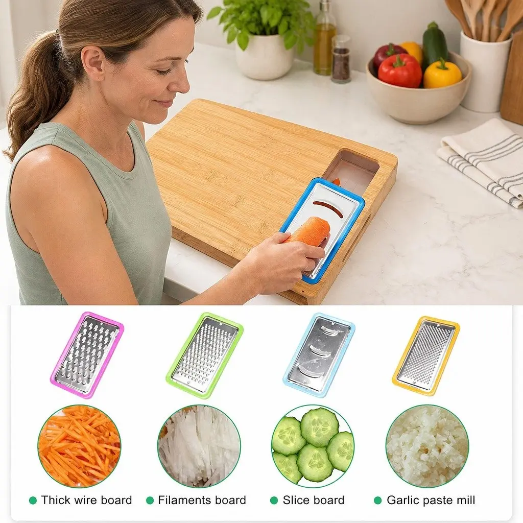 Large Bamboo Cutting Board with 4 Storage Trays and Mobile Holder Kitchen