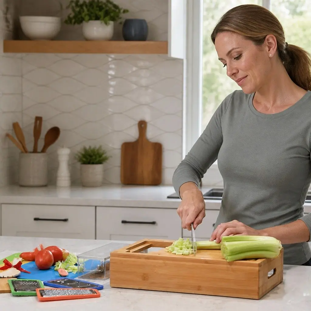 Large Bamboo Cutting Board with 4 Storage Trays and Mobile Holder Kitchen