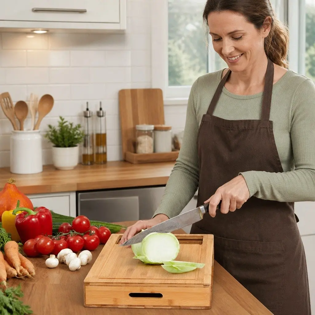 Large Bamboo Cutting Board with 4 Storage Trays and Mobile Holder Kitchen