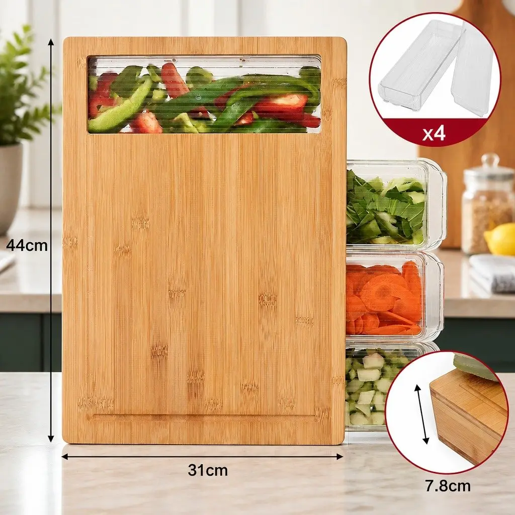 Large Bamboo Cutting Board with 4 Storage Trays and Mobile Holder Kitchen