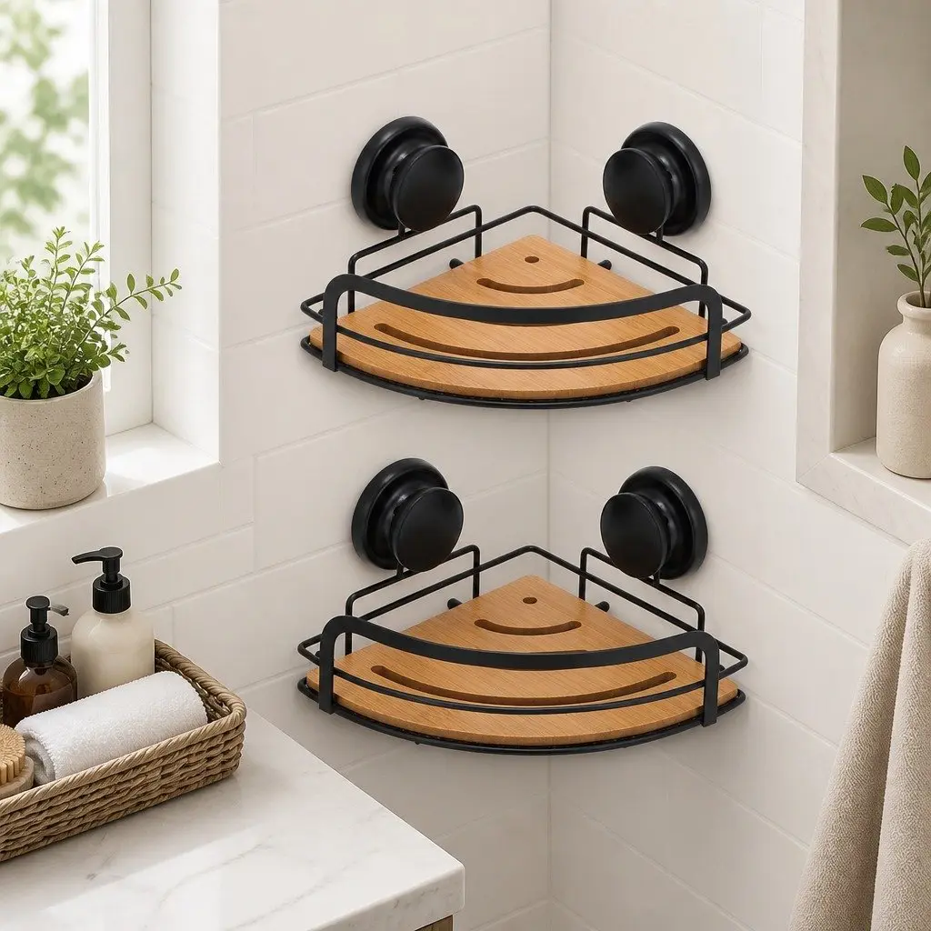 Shower Caddy Corner Shelf Rack 2 Tier Stainless Steel Bamboo Suction Cup