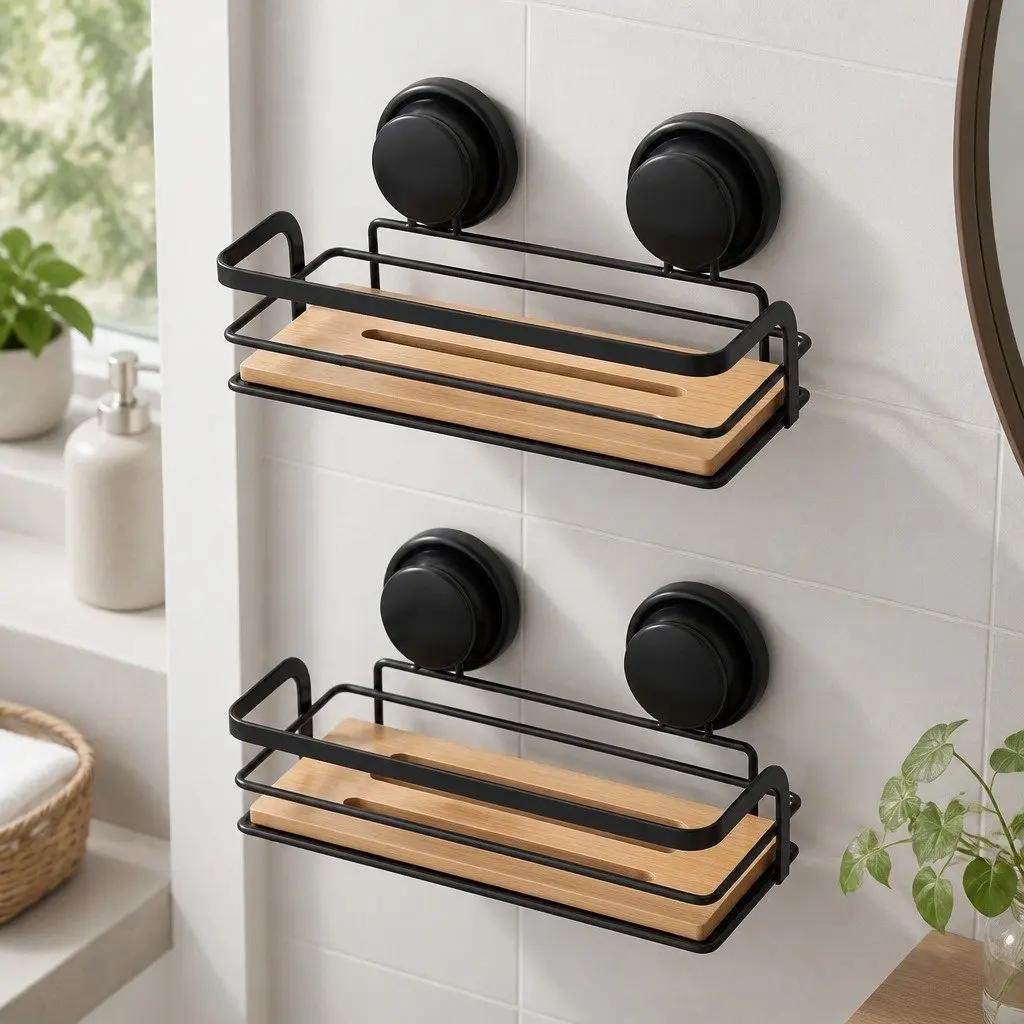 Shower Caddy Shelf Bamboo 2 Tier Corner Rack Waterproof Suction Cup No Drilling
