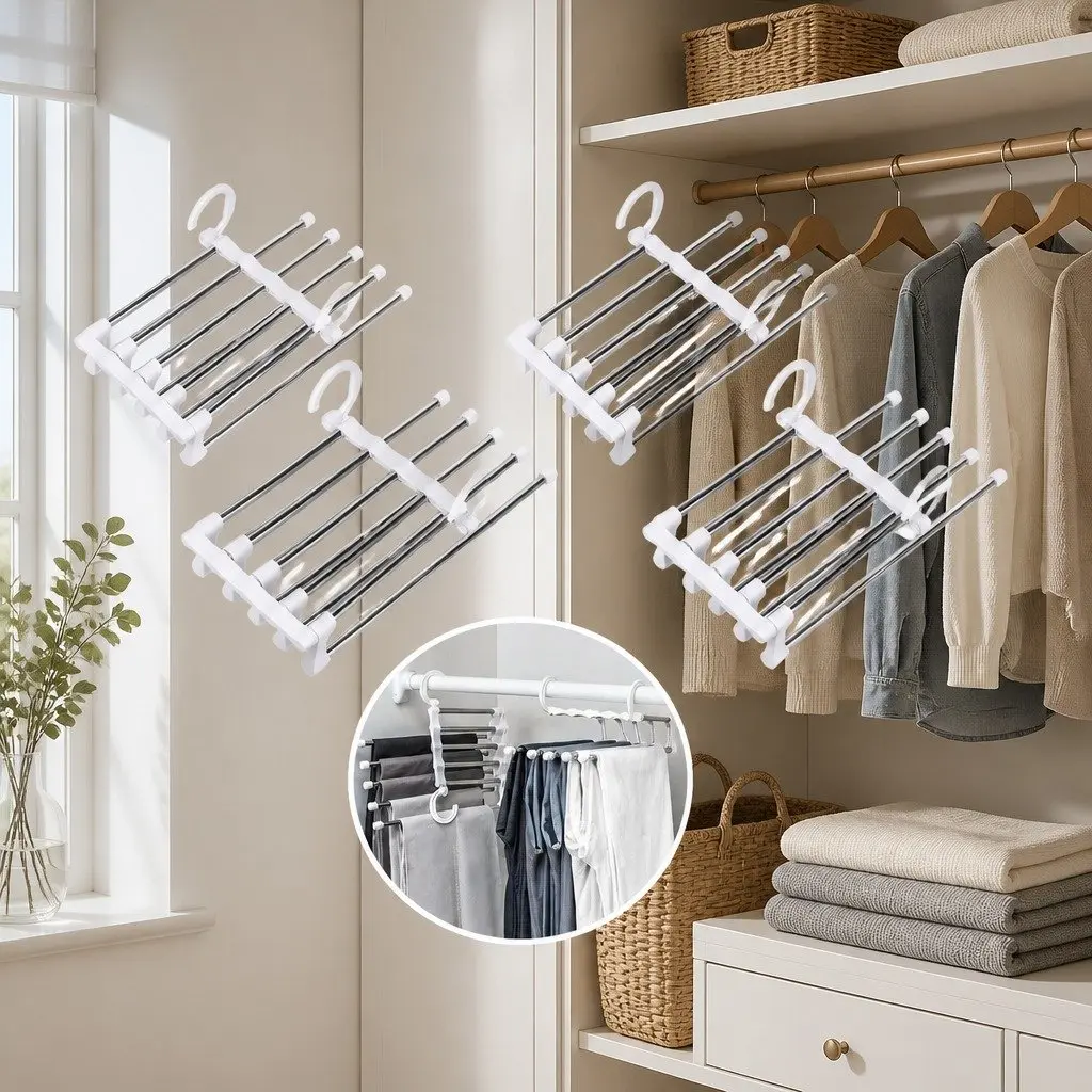 Pants Hangers Stainless Steel Adjustable Non-Slip 5-in-1 4 Pack Closet Storage