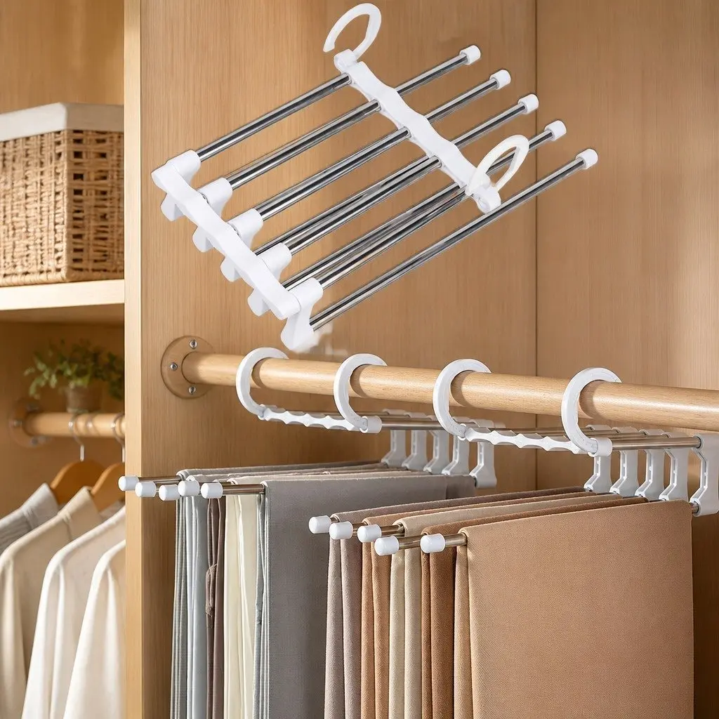Pants Hangers Stainless Steel Adjustable Non-Slip 5-in-1 4 Pack Closet Storage