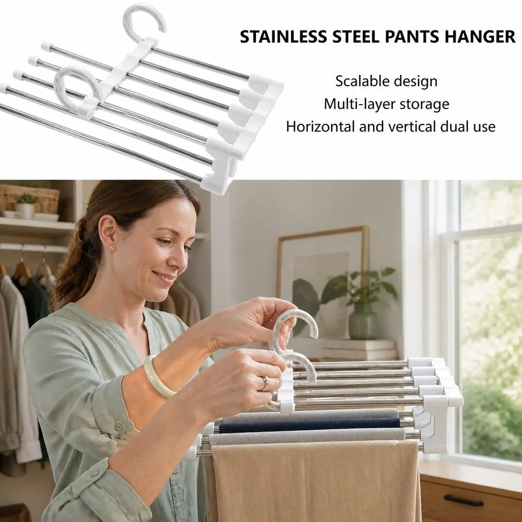 Pants Hangers Stainless Steel Adjustable Non-Slip 5-in-1 4 Pack Closet Storage