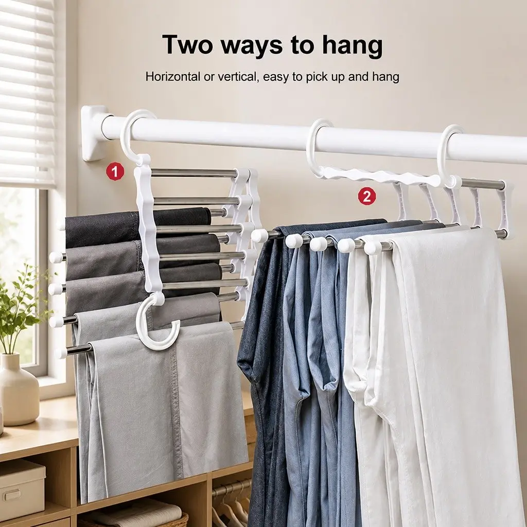 Pants Hangers Stainless Steel Adjustable Non-Slip 5-in-1 4 Pack Closet Storage