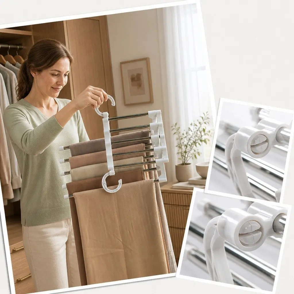 Pants Hangers Stainless Steel Adjustable Non-Slip 5-in-1 4 Pack Closet Storage