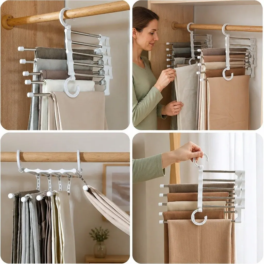 Pants Hangers Stainless Steel Adjustable Non-Slip 5-in-1 4 Pack Closet Storage