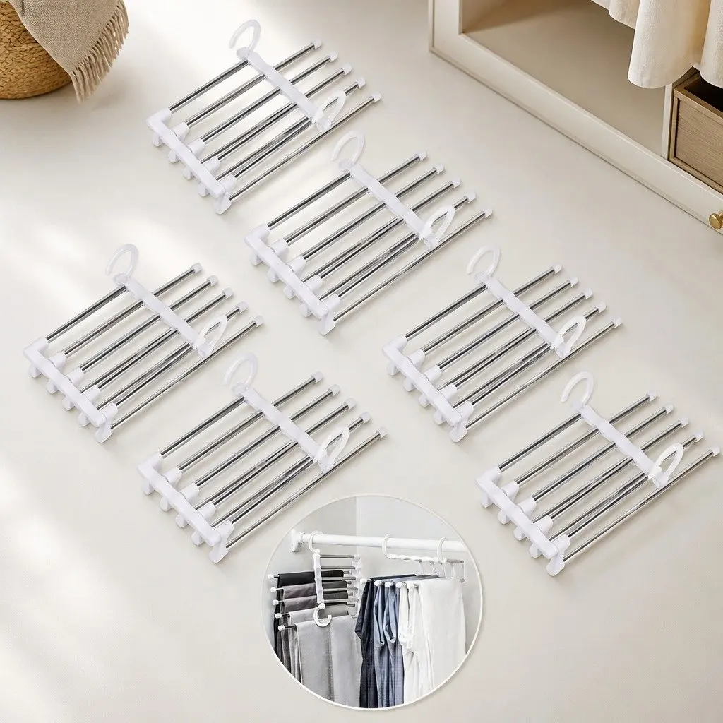 Pants Hangers Stainless Steel Adjustable 5-in-1 Non-Slip Space Saving 6 Pack