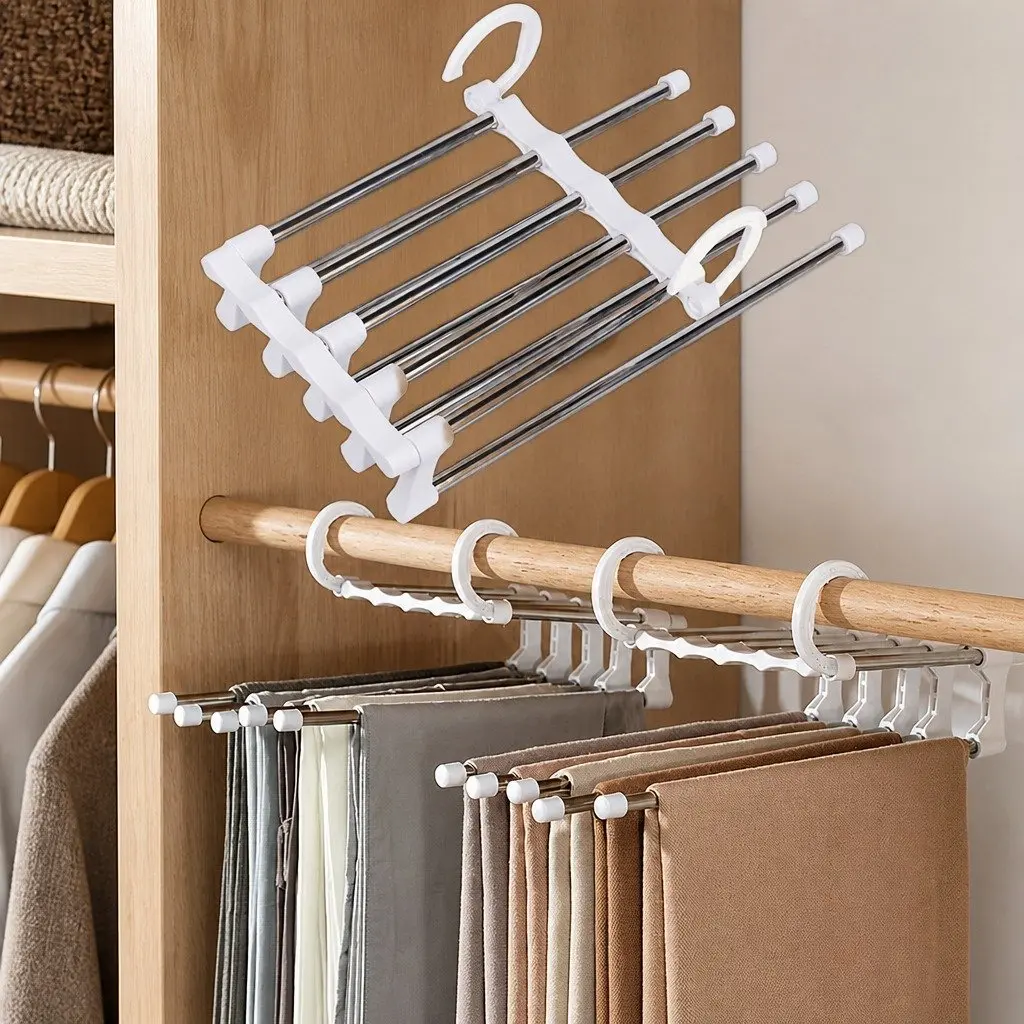 Pants Hangers Stainless Steel Adjustable 5-in-1 Non-Slip Space Saving 6 Pack